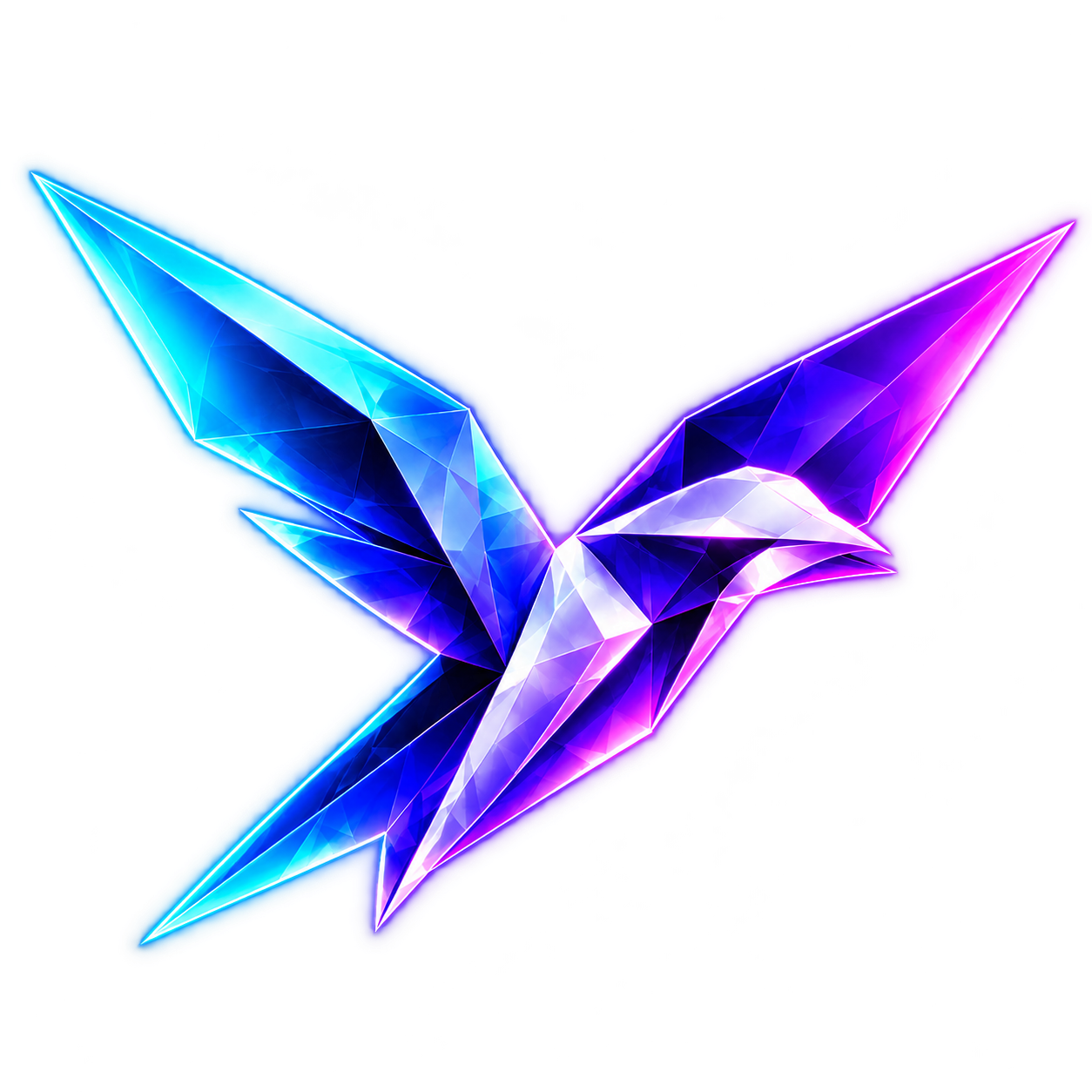 A crystalline sparrow in flight, illuminated in cyan, blue and violet.